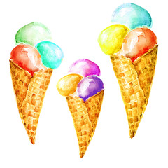Drawing by watercolor - a glass of ice cream. Composition from dessert, horns. A few fruit balls of ice cream. On an isolated background. Vintage postcard, card