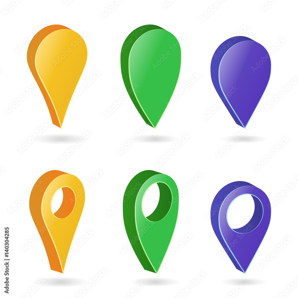 Poster 3d Map Pointer Vector. Colorful Set of Modern Map Round Pointers. Navigator Icon Isolated On White Background With Soft Shadow