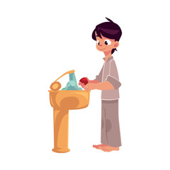 Little boy in pajamas washing hands with soap under running water, hygiene concept, cartoon vector illustration isolated on white background. Boy washing hands, hygiene, health care concept