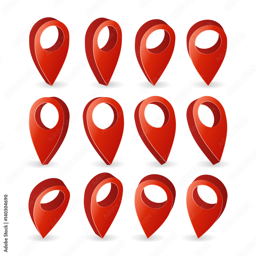 Poster 3d map pointer vector. set red navigator symbol isolated on white background with soft shadow. gps l