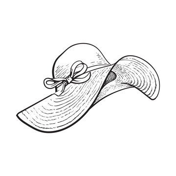 Fashionable straw hat with wide flaps, summer vacation attribute, sketch black and white vector illustration isolated on white background. Hand drawn floppy straw hat, symbol of summer vacation