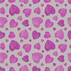 Pattern of pink hearts on a gray background. Watercolor illustration. Handmade