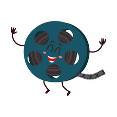 Cute and funny motion picture, cinema film reel character with smiling human face, cartoon vector illustration isolated on white background. Smiling movie, cinema film reel character, mascot