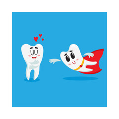 Two funny tooth characters, one superhero, another showing love, dental health protection concept, isolated cartoon vector illustration. Superhero and loving tooth characters, mascots, dental health