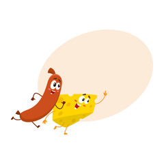 Frankfurter sausage and cheese chunk characters running, hurrying somewhere together, cartoon vector illustration with place for text. Cheese and sausage characters, mascots with human faces