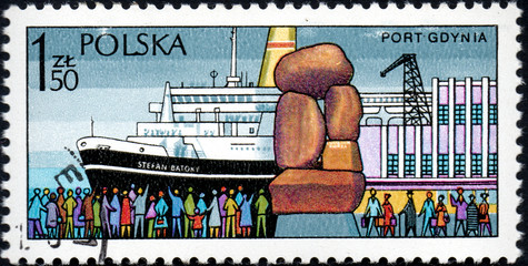 UKRAINE - CIRCA 2017: A stamp printed in POLAND shows Sea port of Gdynia, circa 1980