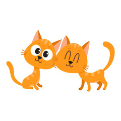 Two cute and funny red cat, kitten characters, looking curiously, interested, cuddling, cartoon vector illustration isolated on white background. Couple of cute little red cat, kitten characters