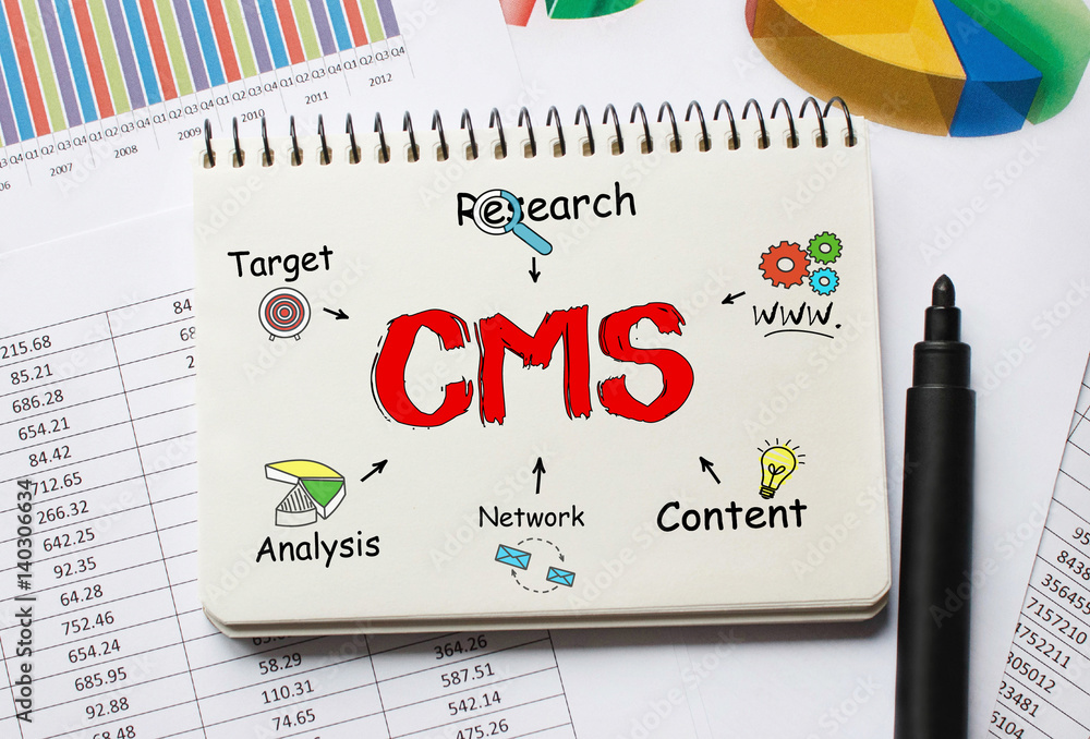 Poster notebook with toolls and notes about cms,concept