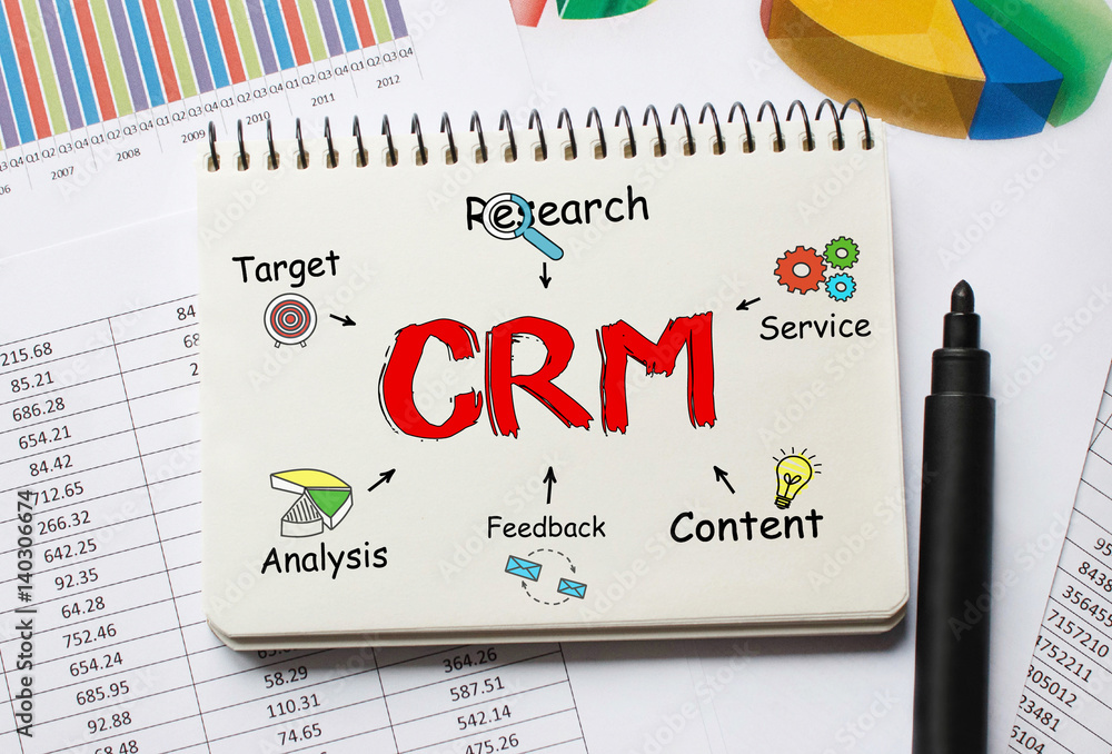 Poster notebook with toolls and notes about crm,concept