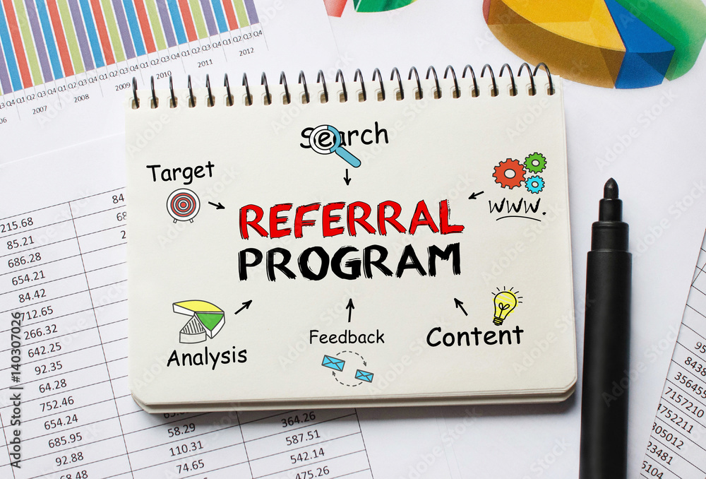 Poster notebook with toolls and notes about referral program