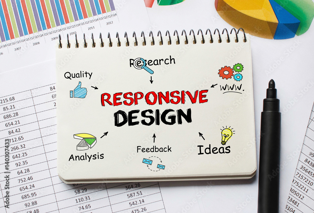 Poster notebook with toolls and notes about responsive design
