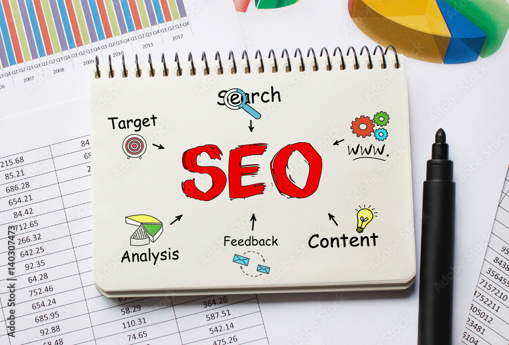 Poster notebook with tolls and notes about seo