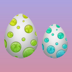 Dragon eggs set with green and blue liquid inside, vector illustration on the background.