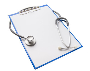 stethoscope and blue clipboard with a few sheets of paper. isolated