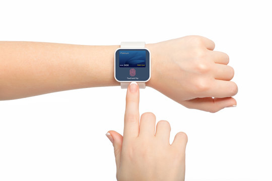 Isolated female hands smartwatch debit card app touch and pay
