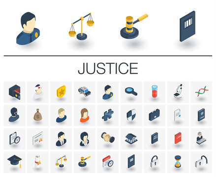 Isometric flat icon set. 3d vector colorful illustration with justice, law symbols. Legal, court, judge, crime, police, prison, gavel and scale colorful pictogram Isolated on white