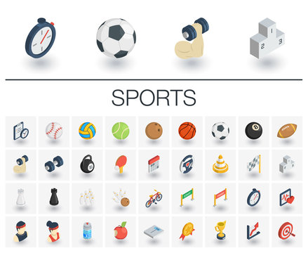 Isometric Flat Icon Set. 3d Vector Colorful Illustration With Sport And Fitness Symbols. Ball, Game, Cup Medal, Trophy, Football, Volleyball Colorful Pictogram Isolated On White