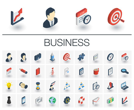 Isometric flat icon set. 3d vector colorful illustration with business, management symbols. Marketing research, strategy, service, career, mission, analytic colorful pictogram Isolated on white