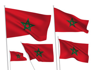 Morocco vector flags set. 5 wavy 3D cloth pennants fluttering on the wind. EPS 8 created using gradient meshes isolated on white background. Five fabric flagstaff design elements from world collection