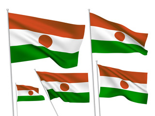 Niger vector flags set. 5 wavy 3D cloth pennants fluttering on the wind. EPS 8 created using gradient meshes isolated on white background. Five fabric flagstaff design elements from world collection