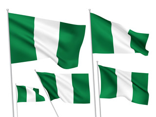 Nigeria vector flags set. 5 wavy 3D cloth pennants fluttering on the wind. EPS 8 created using gradient meshes isolated on white background. Five fabric flagstaff design elements from world collection