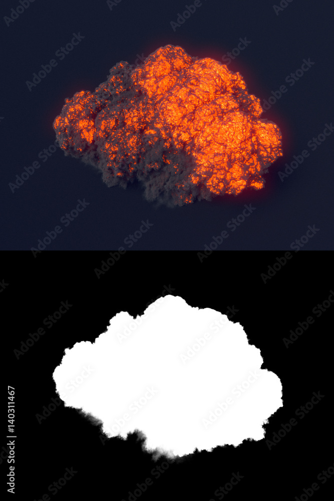 Poster explosion with black smoke in dark 3d rendering