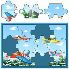Naklejka premium Jigsaw puzzle with kids flying planes