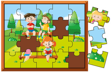 Jigsaw puzzle game with kids in park