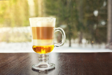 Glass of hot Latte macchiato coffee