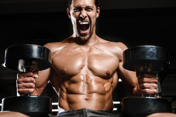 Caucasian sexy fitness male model execute exercise with dumbbells