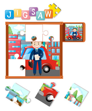 Jigsaw pieces of businessman and car