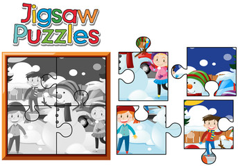 Jigsaw puzzle pieces of kids playing with snowman