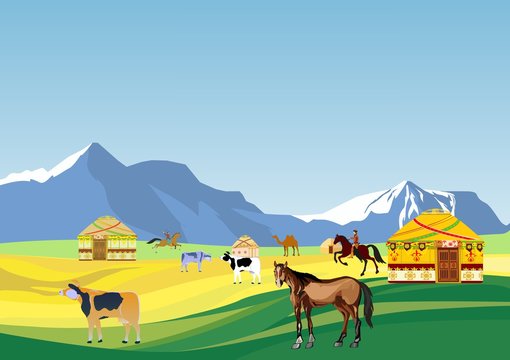 Kazakh nomad's village aul, jurts, horses, cows, vector landscape