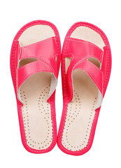 Women pink fashion slippers. Slippers top view. Isolated on white background 