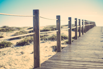 Wooden bridge path with sand dunes landscape over sunny sky outdoors background