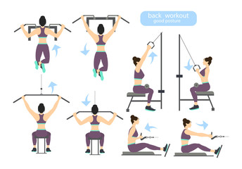 Back workout set on white background. Exercises for women. Hard training.