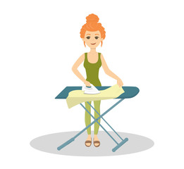 Isolated housewife ironing and standing on white background. Household chores.