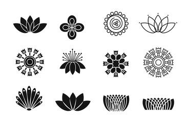 Set of line flower design elements. Plant, blossom and lotus icons