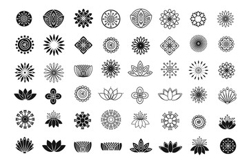 Set of line flower design elements. Plant, blossom and lotus icons