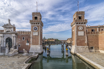 Beautiful view of the towers of the arsenal in the Castello district of Venice, Italy, under a...