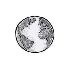 Earth icon hand-drawn on white background. World map in doodles or globe retro style. Environment design for earth day.