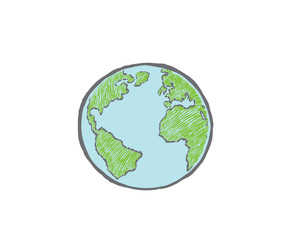 Earth icon hand-drawn on white background. World map in doodles or globe retro style. Environment design for earth day.