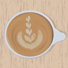  Latte Art. Rosetta. A cup of coffee on wooden background 