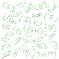 Green Hand Drawn Banknotes. Doodle Money Rain. Scribble Drawings of Cash. Sketch Style. Vector Illustration.