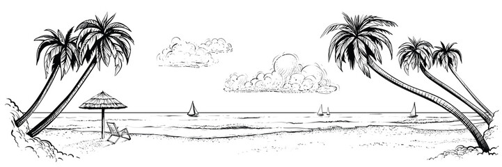 Fototapeta premium Panoramiczny widok wektor plaży. Ilustracja z palmami i parasolem. Czarno-biały rysunek ręcznie.