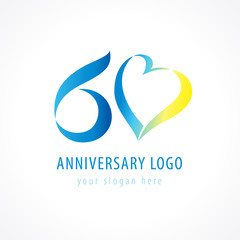 Anniversary 60 years old hearts celebrating vector digit logo. Birthday greetings with framed tape heart shape. Holiday abstract numbers or letter o. Lovely card with celebrating figures 60 th.
