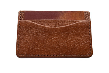 Natural leather brown wallet with credit card in it isolated on white background. View from above.