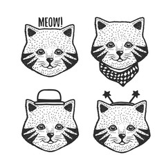 Hand drawn cartoon cat head prints set. Vector vintage illustration.