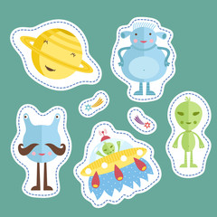 Space cartoon stickers. Smiling planet Saturn, funny aliens, flying saucer, falling star or comet vector illustrations isolated on turquoise background. Counters or tokens for table games, price tags