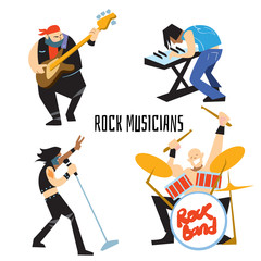 Rock band, music group with musicians concept of artistic people vector illustration. Singer, guitarist, drummer, and keyboardist isolated characters performing. Rock star concept in flat design.